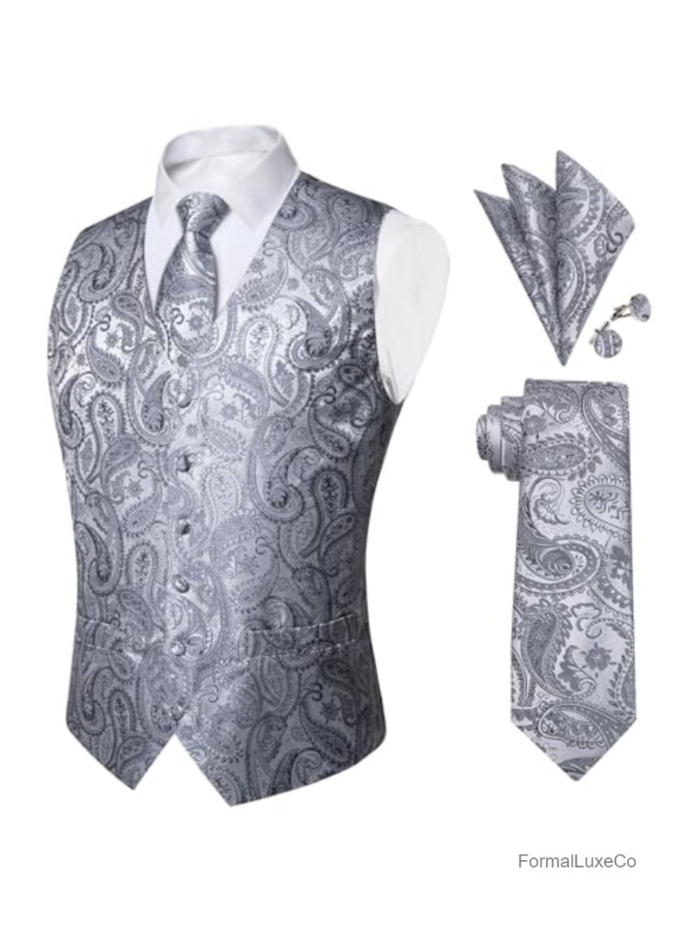 Mens Paisley Vest Tie Set 4pc Suit Waistcoat Cufflinks Pocket Square